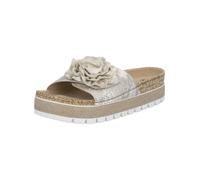 Pantolette RIEKER, Damen, Gr. 39, beige, goldfarben, Lacklederimitat, Textil, Reptilienprägung, metallic, Schuhe Pantolette, Sommerschuh, Schlappen mit modischem Plateau (79950762-39) beige, goldfarbe