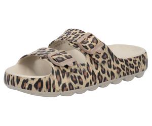 Pantolette RIEKER SPORT, Damen, Gr. XL (42/43), braun (leo), Synthetik, Basic, Schuhe Pantolette, Sommerschuh, Strandschuh, Hausschuh mit zwei verstellbaren Schnallen, Topseller (28030840-XL) leo