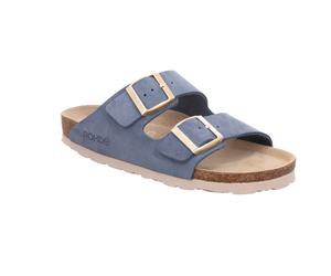 Pantolette ROHDE "SUNNYS N12", Damen, Gr. 37, blau (jeansblau), Veloursleder, unifarben, Schuhe Pantolette, Sommerschuh, Hausschuh, Zweischnaller, Strandschuh mit Softfußbett (49568026-37) jeansblau