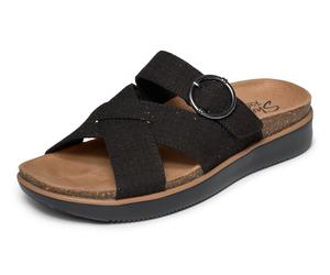 Pantolette SKECHERS "LIFTED COMFORT-", Damen, Gr. 37, schwarz, Textil, schimmernd, Schuhe Pantolette, Sommerschuh, Hausschuh, Slides mit Schnalle (91130325-37) schwarz