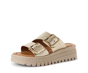 Pantolette TAMARIS, Damen, Gr. 39, goldfarben, Leder, unifarben, Schuhe Pantolette, Keilabsatz, Schlupfschuh, Sommerschuh mit Touch it-Ausstattung (81664958-39) goldfarben