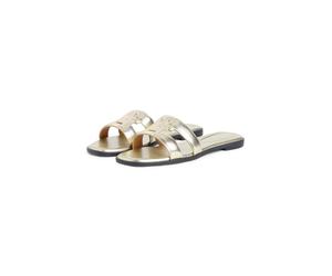 Pantolette TOMMY HILFIGER "TH LOGO STRAP MULE GOLD", Damen, Gr. 36, goldfarben, Leder, leicht glänzend, unifarben, Schuhe Pantolette, Sommerschuh, Schlüpfschuh, Flat mit Logo als Bandage (34212048-36)