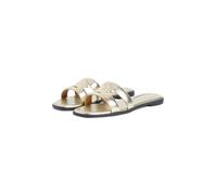 Pantolette TOMMY HILFIGER "TH LOGO STRAP MULE GOLD", Damen, Gr. 42, goldfarben, Leder, leicht glänzend, unifarben, Schuhe Pantolette, Sommerschuh, Schlüpfschuh, Flat mit Logo als Bandage (34212048-42)