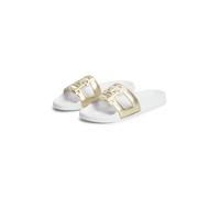 Pantolette TOMMY HILFIGER "TH MONOGRAM POOL SLIDE", Damen, Gr. 37, gold (goldfarben), Lederimitat, Schuhe Pantolette, Sommerschuh, Strandschuh mit großem TH-Bandagenlogo (29868449-37) goldfarben