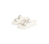 Pantolette TOMMY JEANS "TJW DOUBLE STRAP SANDAL", Damen, Gr. 40, weiß (ivory), Leder, Schuhe Pantolette, Plateau, Sommerschuh, Schlüpfschuh mit zwei verstellbaren Schnallen (42777867-40) ivory