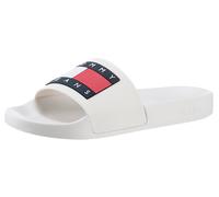 Pantolette TOMMY JEANS "TOMMY JEANS FLAG POOL SLD ESS", Damen, Gr. 38, beige (ecru), Synthetik, Schuhe Pantolette, Sommerschuh, Schlappen mit farbiger Logoflagge (68597152-38)