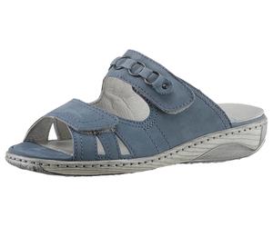 Pantolette WALDLÄUFER "GARDA", Damen, Gr. 4,5 (37,5), blau (jeansblau), Nubukleder, Schuhe Pantolette, Keilabsatz, Sommerschuh, Schlappen mit Schmuckapplikation, Weite G (56571260-4,5) jeansblau