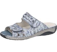 Pantolette WALDLÄUFER "GARDA", Damen, Gr. 6,5, blau (jeansblau), Veloursleder, gemustert, Schuhe Pantolette, Sommerschuh, Klettschuh, Hausschuh in Bequemweite G (= weit) (77331047-6,5) jeansblau