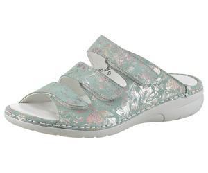 Pantolette WALDLÄUFER "GUNNA", Damen, Gr. 6,5, grün (mint multi), Veloursleder, metallic, Schuhe Pantolette, Klettschuh, Sommerschuh, Komfortschuh in Bequemweite G (= weit) (61830665-6,5) mint multi