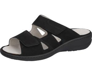 Pantolette WALDLÄUFER "HERIA", Damen, Gr. 6,5, schwarz, Nubukleder, unifarben, Schuhe Pantolette, Sommerschuh, Komfortschuh, Hausschuh in Weite H, mit Klettverschlüsse (23263843-6,5) schwarz