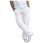 Pants Straight Men's Linen Summer Drawstring Cotton Sweatpants Loose Casual Men's Pants (White, XXXL)
