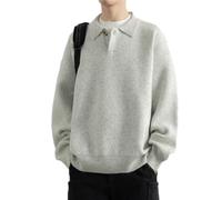 PANVER Knit Sweater Herren Atmungsaktiv Weich Komfortabel Revers Langarm Pullover Temperament Casual Einfarbig Strickwaren C-Grey 3XL