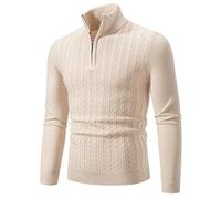 PANVER Langarm Sweater Herren Casual Halber Reißverschluss Stehkragen Strickwaren Klassisch Atmungsaktiv Warm Einfarbig Basic Pullover Y-Beige XXL