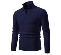 PANVER Langarm Sweater Herren Casual Halber Reißverschluss Stehkragen Strickwaren Klassisch Atmungsaktiv Warm Einfarbig Basic Pullover O-Navy L