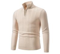 PANVER Langarm Sweater Herren Casual Halber Reißverschluss Stehkragen Strickwaren Klassisch Atmungsaktiv Warm Einfarbig Basic Pullover I-Beige XL