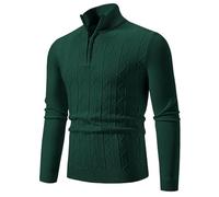 PANVER Langarm Sweater Herren Casual Halber Reißverschluss Stehkragen Strickwaren Klassisch Atmungsaktiv Warm Einfarbig Basic Pullover E-Dark Green 3XL