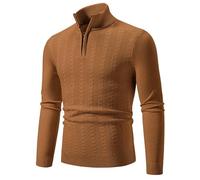 PANVER Langarm Sweater Herren Casual Halber Reißverschluss Stehkragen Strickwaren Klassisch Atmungsaktiv Warm Einfarbig Basic Pullover P-Caramel M