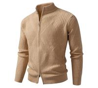 PANVER Strickjacke Herren Temperament Casual Einfarbig Strickwaren Regular Fit Stehkragen Warm Sweater Jacke F-Khaki XL