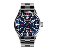 Panzera Flieger 45G Herren Automatik GMT Pilot Uhr - 45mm Edelstahl, NH34A Uhrwerk, Dual Time Zone, Saphirglas, leuchtendes Zifferblatt, 100m wasserdicht, Blaues Zifferblatt - M2-Metallarmband, 45mm