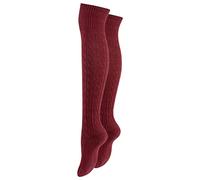 Paolo Renzo Damen Overknee mit Zopfmuster & Anti-Rutsch-Bund 1 Paar - Stiefel Kniestrümpfe mit Umschlag - Overknee Strümpfe - Größe 36/41 - Bordeaux-Rot