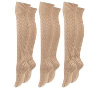 Paolo Renzo® Damen Baumwoll Overknees mit Zopfmuster & Anti-Rutsch-Bund 1 oder 3 Paar - Größe 36/41 - Beige / 36-41 / 3