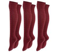 Paolo Renzo® Damen Baumwoll Overknees mit Zopfmuster & Anti-Rutsch-Bund 1 oder 3 Paar - Größe 36/41 - Bordeaux-Rot / 36-41 / 3