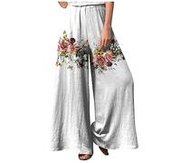 Paperbag Hose Damen Loose Fit Sommerhose Blumenmuster Boho Sommerhose Hohe Taille Stoffhose Casual Einfarbig Weite Stoffhose Baumwolle Leinen Freizeithose Sommerh Sporthose Frauen,White,M