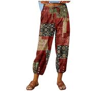Paperbag Hosen Damen Hosen Damen Stretch Laufhose Damen Lang Blumen Bedruckt Stretch Schlupfhose Mit Taschen Locker Paperbag Hosen 7/8 Hosen Sommerhosen Schlaghose Damen (Rot, XL)