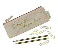 Papierdrachen Mäppchen aus Samt - Elegantes Federmäppchen in Puder mit motivierendem Spruch, 2 Bleistifen und 5 goldenen Paper Clips Uni und Schule | Set Nr 3