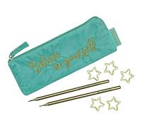 Papierdrachen Mäppchen aus Samt - Elegantes Federmäppchen in türkis mit motivierendem Spruch, 2 Bleistifen und 5 goldenen Paper Clips Uni und Schule | Set Nr 1