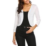 Parabler Damen Bolero Elegant Shrug 3/4 Ärmel Cardigan Leichte Casual Kurz Strickjacke Open Front Bolerojacke Festlich Jacke für Abendkleid Weiß S