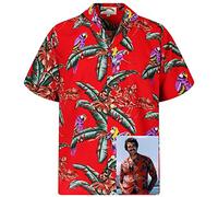 Paradise Found Tom Selleck Magnum PI Herren-Shirt, Jungle Bird Rayon, Rot/Ausflug, einfarbig (Getaway Solids), Klein