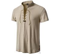 PARKLEES Herren Baumwolle Retro Lace Up Kurzarm Shirts für Renaissance Pirat Wikinger Mittelalter, khaki, L