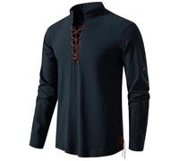 PARKLEES Herren Baumwolle Retro Lace Up Langarm Shirts für Renaissance Pirat Wikinger Mittelalter, Leder, Marineblau, L