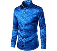 PARKLEES Herrenhemd, schmale Passform, Langarm, mit luxuriösem Blumendruck, seidenähnlicher Satin-Stoff, vielseitige Gelegenheitskleidung für Hochzeit, Party, Abschlussball, Business, Casual - XL