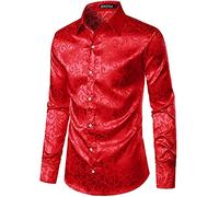 PARKLEES Herrenhemd, schmale Passform, Langarm, mit Luxus-Blumendruck, seidenähnlicher Satin-Stoff, vielseitige Gelegenheitskleidung für Hochzeit, Party, Abschlussball, Business, Freizeit - XL, rot, M