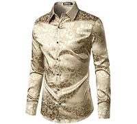 PARKLEES Herrenhemd, schmale Passform, Langarm, mit Luxus-Blumendruck, seidenähnlicher Satin-Stoff, vielseitige Gelegenheitskleidung für Hochzeit, Party, Abschlussball, Business, Freizeit - XL