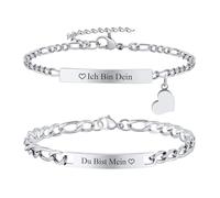 Partnerarmbänder mit Gravur Pärchen Armband - Paar Armbänder Edelstahl Figaro Kette Partnerarmband Verstellbarer Partner Armband Silber Partner Geschenke Weihnachten Geburtstag Jahrestag Valentinstag