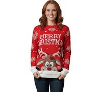 Party HuB Weihnachtspullover für Damen, Rentier, festlich, gestrickt, "Merry Christmas", weich, langärmelig, Bommel, Neuheit, Weihnachtspullover, Roter Pullover, 8-10