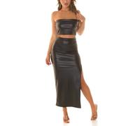 Party Kunstleder 2-Teiler Leder Look Outfit Bandeau Crop Top Highwaist Midirock Rock mit Schlitz One Size (Einheitsgröße)