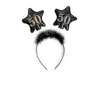 PartyDeco Stirnband mit Sternen und gedruckten Zahlen 50 Schwarz mit Fell Haarband für 50. Geburtstag Runde Geburtstag Gadgets Geburtstagsgeschenk Haarschmuck