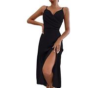 Partykleid Damen Spaghettiträger Etuikleid mit tiefem V Ausschnitt Einfarbiges figurbetontes Kleid Ärmelloses rückenfreies Wickelkleid Abendkleid mit hohem Schlitz Langes Cocktailkleid Ballkleid