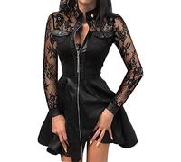 Partykleider Damen Lederkleid Mode V-Ausschnitt Langarm Spitzen Patchwork Minikleid Mit Reißverschluss Bodycon Kurz Minikleid A Linie Cocktailkleid Clubwear,Schwarz2,XXL