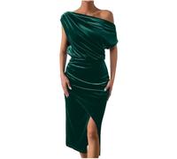 Partykleider für Damen, schulterfrei, Samtkleid, elegant, gerüscht, Samt, formelles Cocktailkleid, Hochzeit, Gast, Party, Midi-Kleid, figurbetont, gerüschter Schlitz, Cocktailkleid, Abendkleider, grün