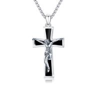 PARYFO Herren Kreuz Kette 925 Sterling Silber Jesus Kreuz Anhänger Halskette mit Onyx Kruzifix Halskette Kreuz Jesus Schutz Amulett Schmuck für Männer Christlich