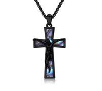 PARYFO Jesus Kreuz Halskette 925 Sterling Silber Schwarz Jesus Kreuz Anhänger Kette mit Abalone Kruzifix Halskette Kreuz Jesus Schutz Amulett Schmuck für Männer Christlich Weihnachts Geschenke