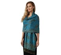 PASKMLNA Damen Paisley Pashmina-Schal, Türkis-Schwarz, florales Paisleymuster, Large