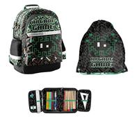 PASO 3-teiliges Schulset: Kinder Rucksack + Turnbeutel + befüllte Federmappe - Game - schwarz/grün