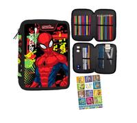 PASO - Federmäppchen 2 Fächer - Mäppchen für Jungen - Federmappe 2-Fach Federtasche Gefüllte Schüleretui Schulmäppchen und Hausaufgabenheft - Spiderman