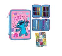 PASO - Federmäppchen 2 Fächer - Mäppchen für Mädchen - Federmappe 2-Fach Federtasche Gefüllte Schüleretui Schulmäppchen und Hausaufgabenheft - Stitch